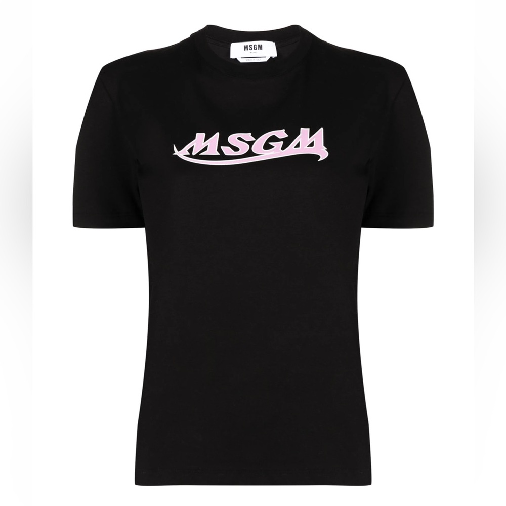 MSGM Black Tee with Light Pink Logo